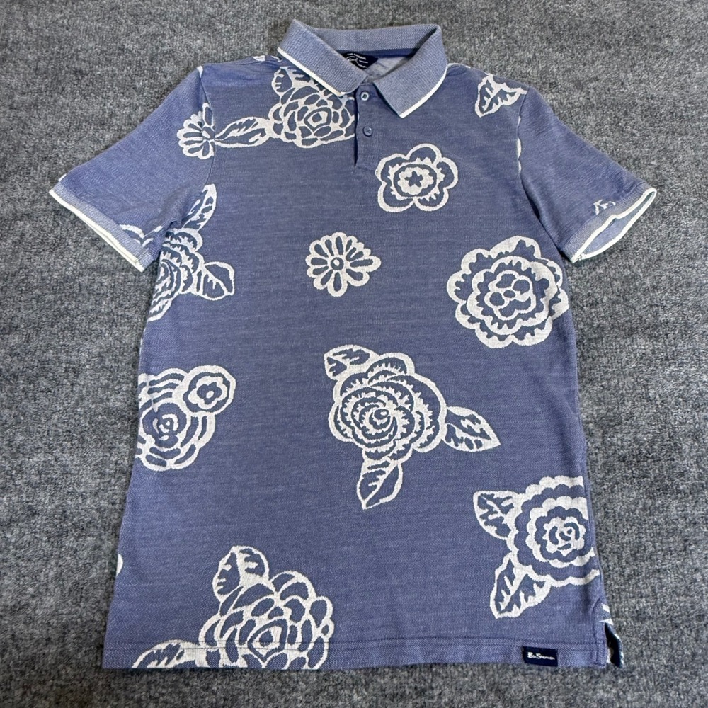 Ben Sherman Mens Blue Floral Jacquard Polo Shirt Short Sleeve Cotton Small